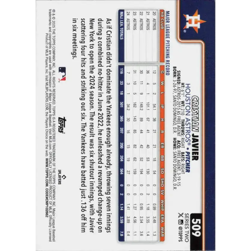 2025 Topps #509 Cristian Javier NM-MT Houston Astros Baseball Card - Baseball Card Single