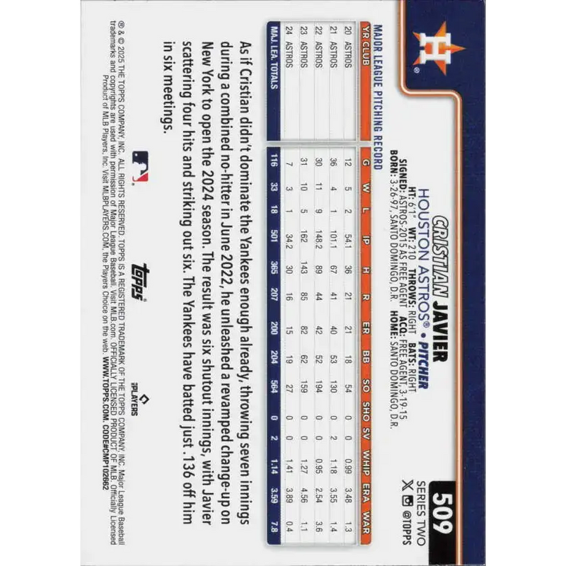 2025 Topps #509 Cristian Javier NM-MT Houston Astros Baseball Card - Baseball Card Single