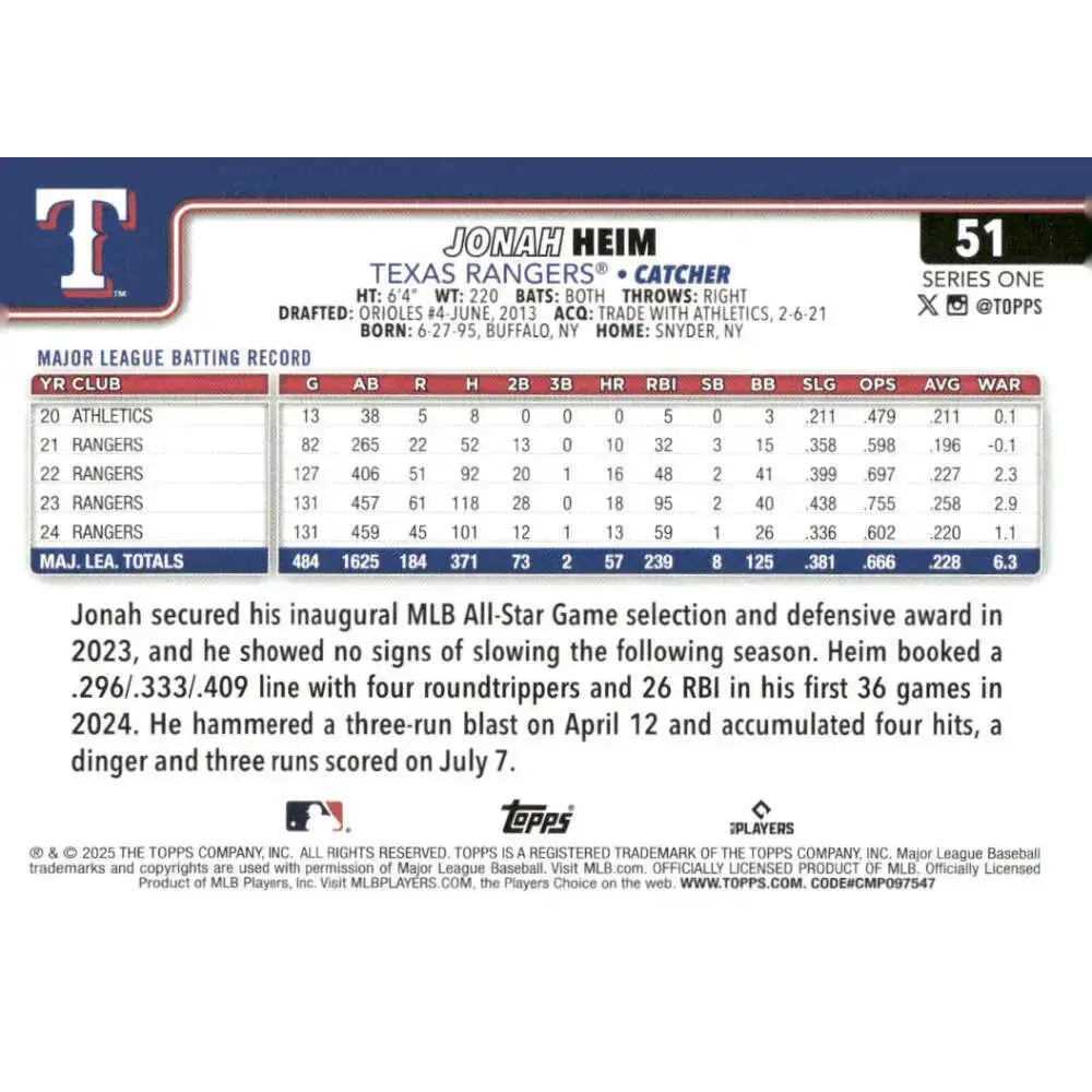2025 Topps #51 Jonah Heim NM-MT Texas Rangers Baseball Card - Baseball Card Single