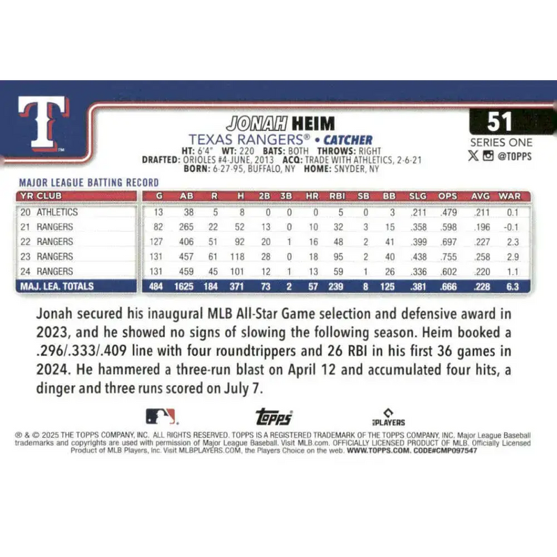 2025 Topps #51 Jonah Heim NM-MT Texas Rangers Baseball Card - Baseball Card Single