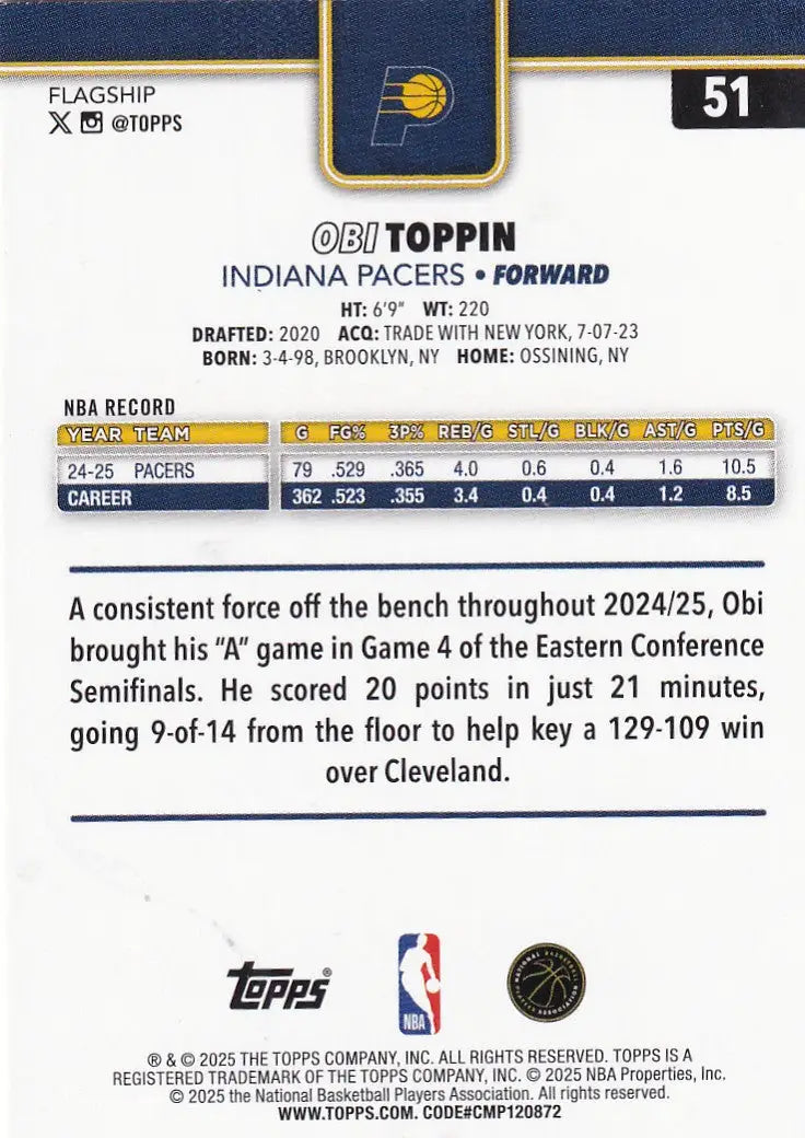 2025 TOPPS #51 OBI TOPPIN DIAMONTE- INDIANA PACERS