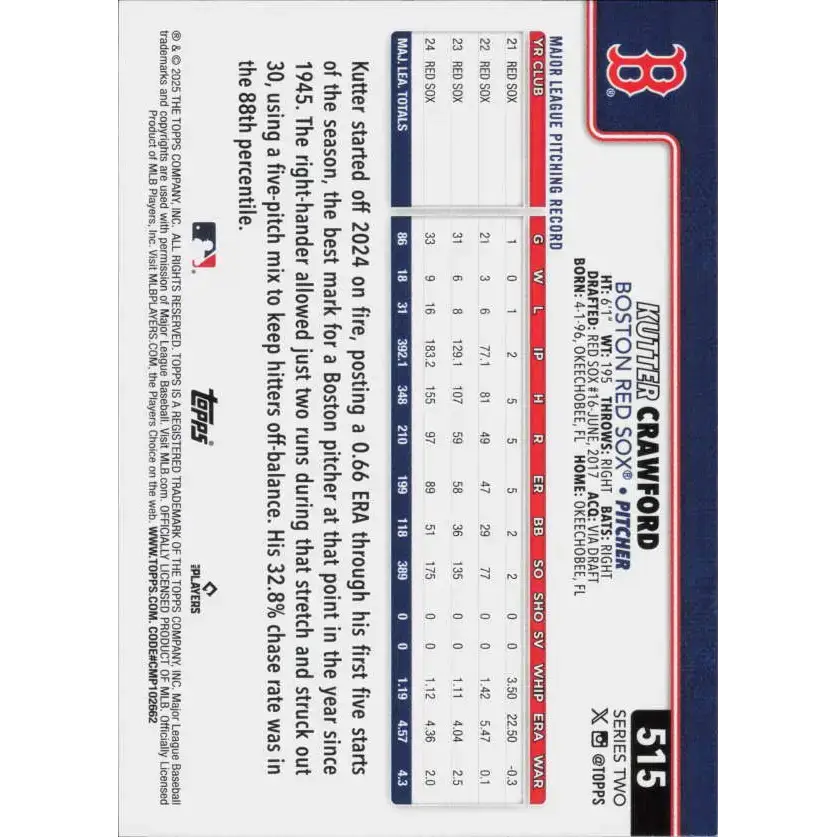 2025 Topps #515 Kutter Crawford NM-MT Boston Red Sox Baseball Card - Baseball Card Single