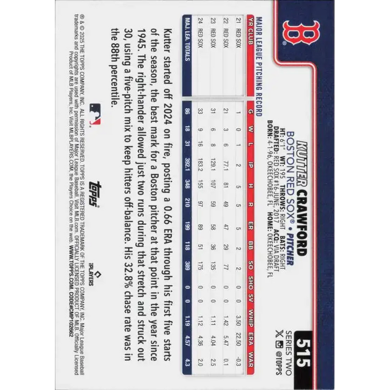 2025 Topps #515 Kutter Crawford NM-MT Boston Red Sox Baseball Card - Baseball Card Single