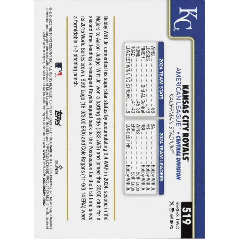 2025 Topps #519 Kansas City Royals NM-MT Kansas City Royals Baseball Card - Baseball Card Single