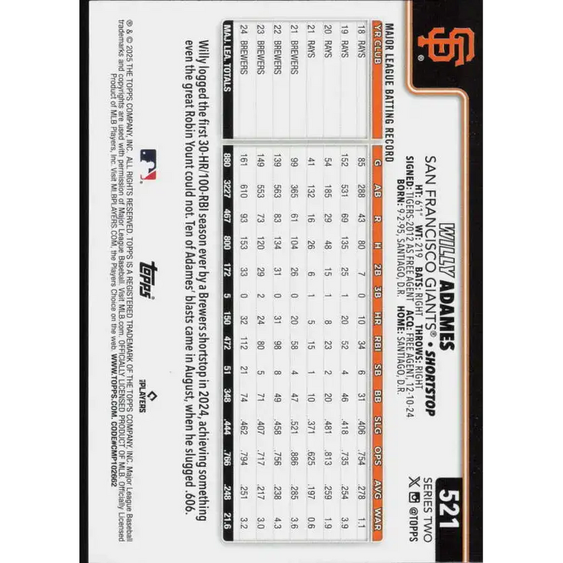 2025 Topps #521 Willy Adames NM-MT San Francisco Giants Baseball Card - Baseball Card Single