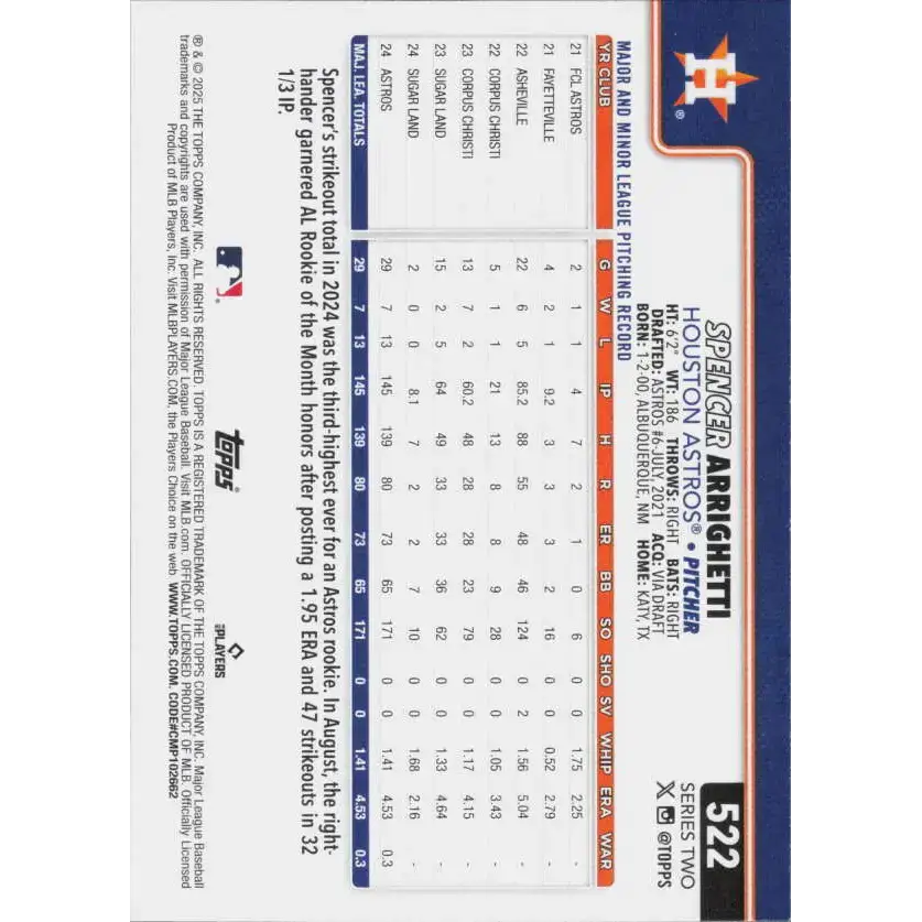 2025 Topps #522 Spencer Arrighetti NM-MT Houston Astros Baseball Card
