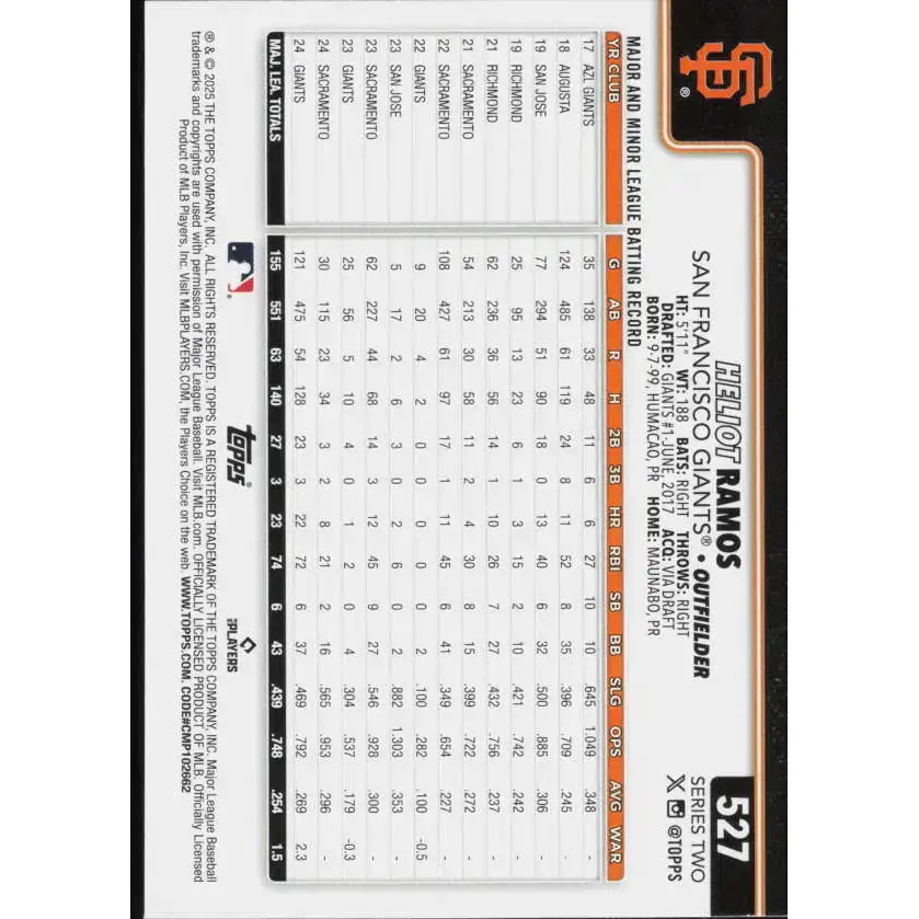 2025 Topps #527 Heliot Ramos NM-MT San Francisco Giants Baseball Card - Baseball Card Single