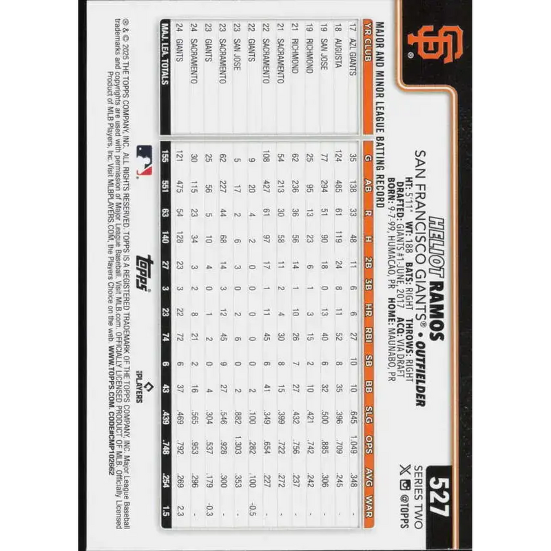 2025 Topps #527 Heliot Ramos NM-MT San Francisco Giants Baseball Card - Baseball Card Single