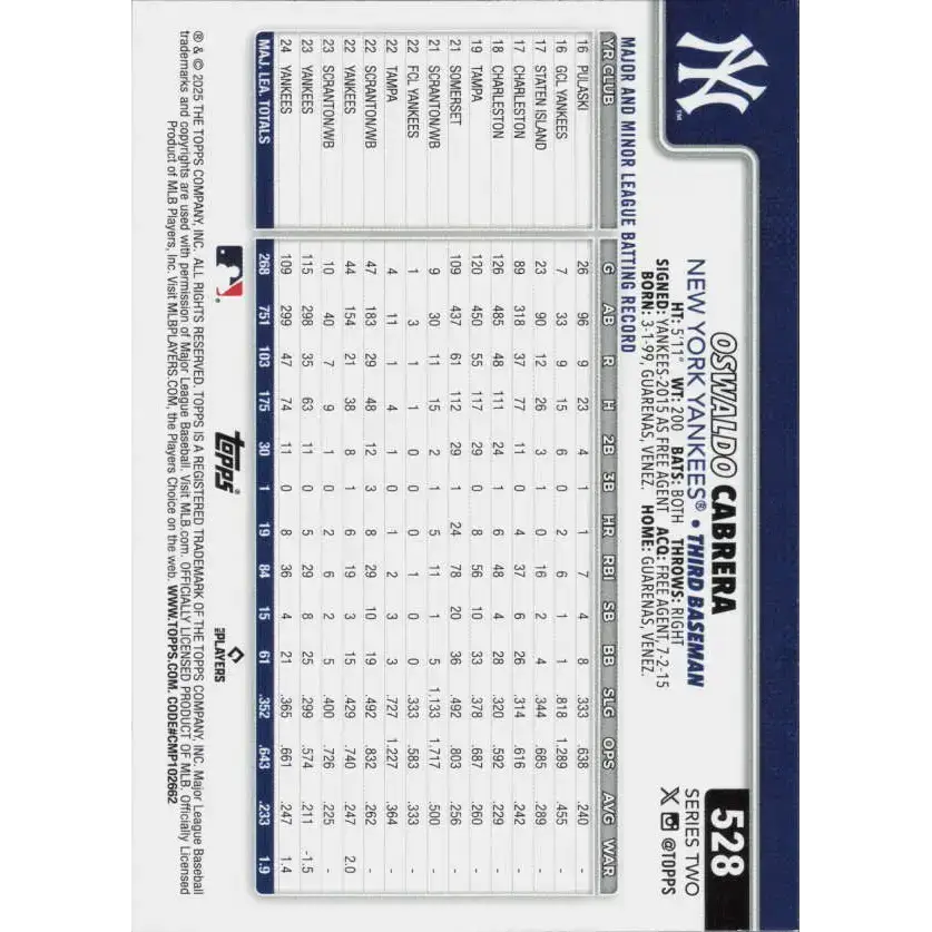 2025 Topps #528 Oswaldo Cabrera NM-MT New York Yankees Baseball Card - Baseball Card Single