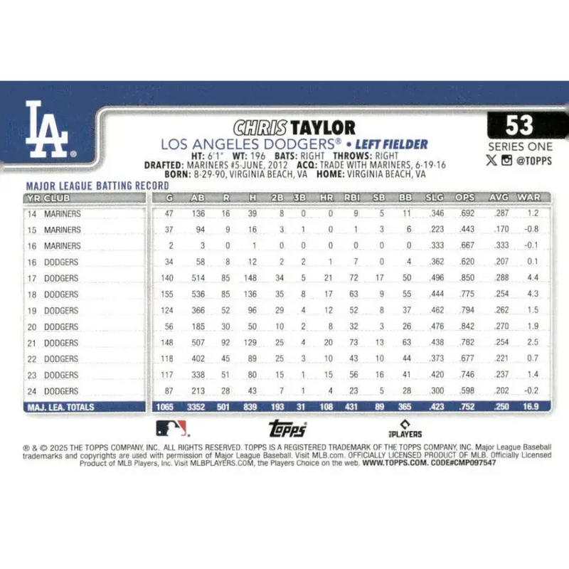 2025 Topps #53 Chris Taylor NM-MT Los Angeles Dodgers Baseball Card - Baseball Card Single