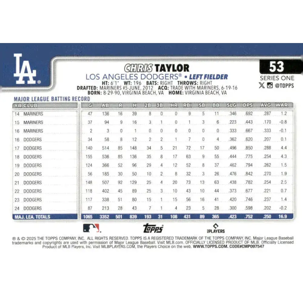 2025 Topps #53 Chris Taylor NM-MT Los Angeles Dodgers Baseball Card - Baseball Card Single