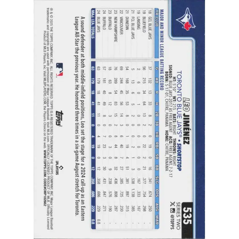 2025 Topps #535 Leo Jimenez NM-MT RC Rookie Toronto Blue Jays Baseball Card - Baseball Card Single