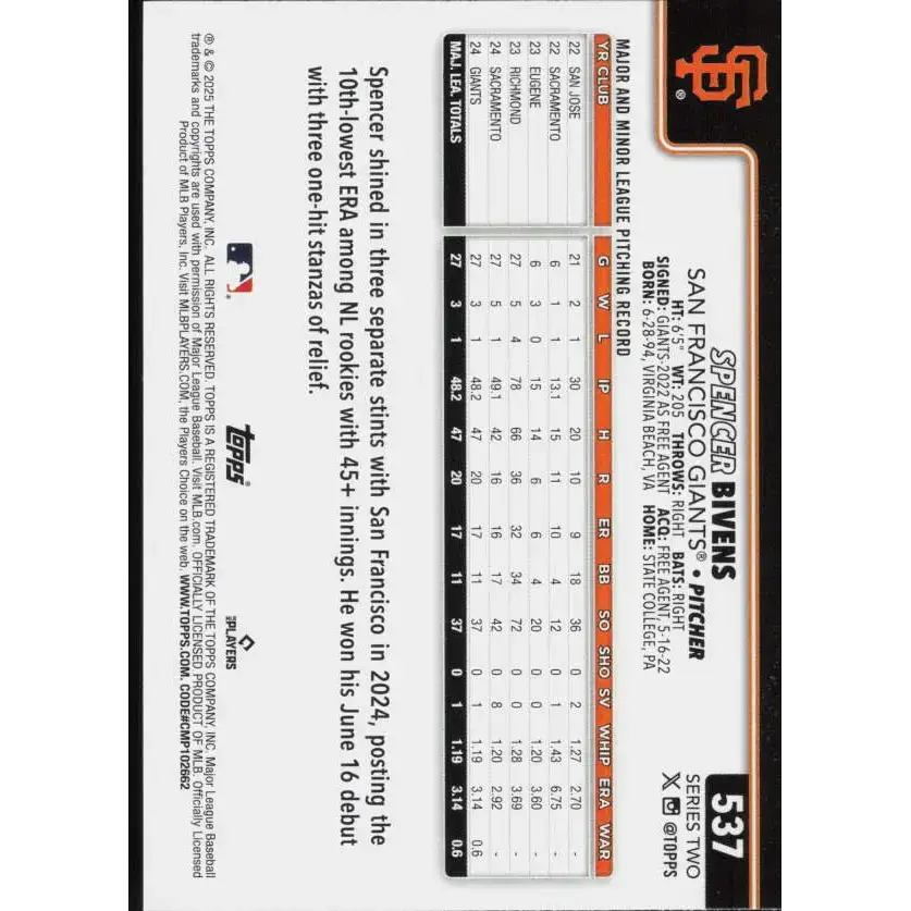 2025 Topps #537 Spencer Bivens NM-MT RC Rookie San Francisco Giants Baseball Card - Baseball Card Single