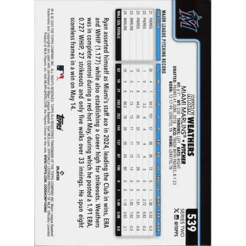 2025 Topps #539 Ryan Weathers NM-MT Miami Marlins Baseball Card - Baseball Card Single