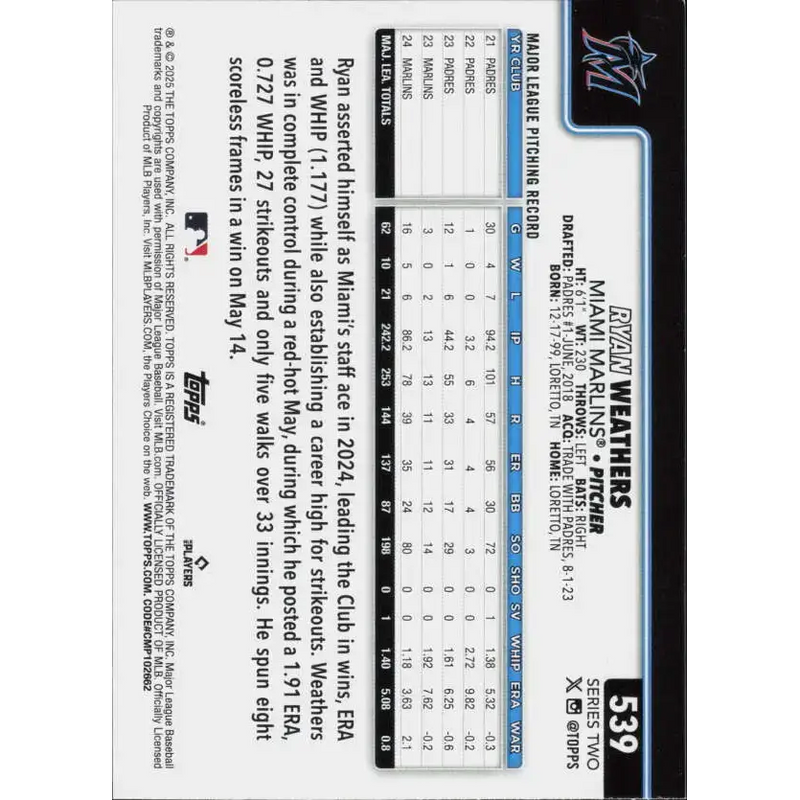 2025 Topps #539 Ryan Weathers NM-MT Miami Marlins Baseball Card - Baseball Card Single