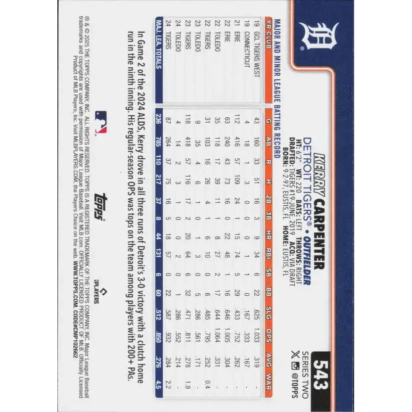 2025 Topps #543 Kerry Carpenter NM-MT Detroit Tigers Baseball Card - Baseball Card Single