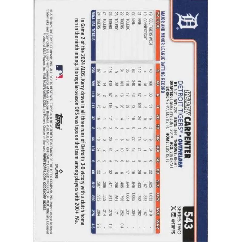 2025 Topps #543 Kerry Carpenter NM-MT Detroit Tigers Baseball Card - Baseball Card Single