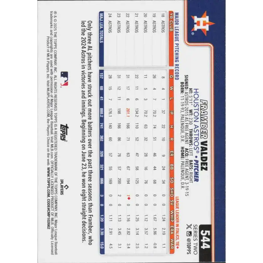 2025 Topps #544 Framber Valdez NM-MT Houston Astros Baseball Card - Baseball Card Single