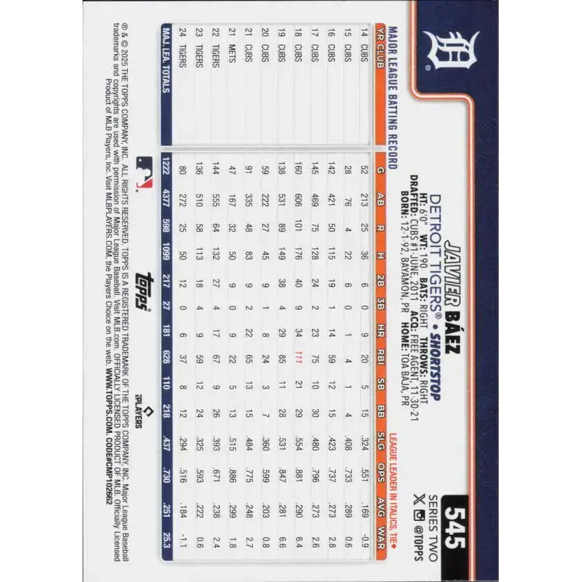 2025 Topps #545 Javier Baez NM-MT Detroit Tigers Baseball Card - Baseball Card Single