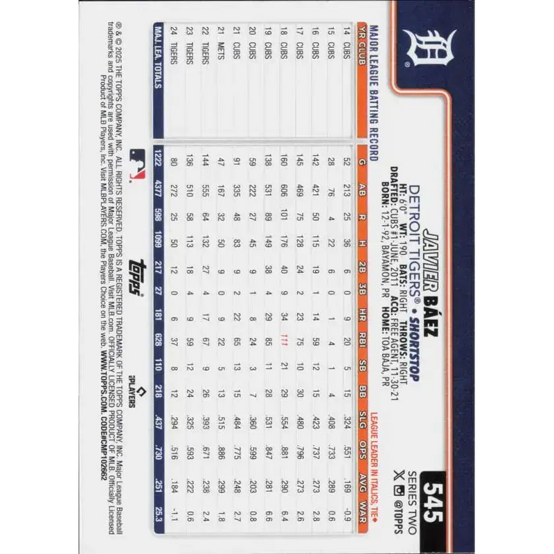2025 Topps #545 Javier Baez NM-MT Detroit Tigers Baseball Card - Baseball Card Single