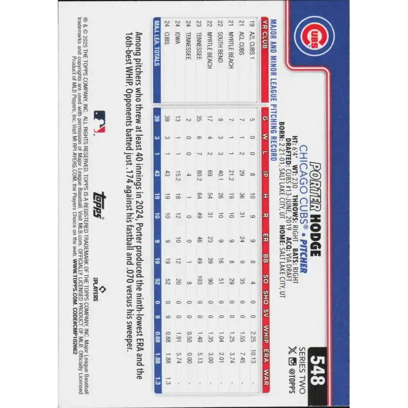 2025 Topps #548 Porter Hodge NM-MT Chicago Cubs Baseball Card - Baseball Card Single