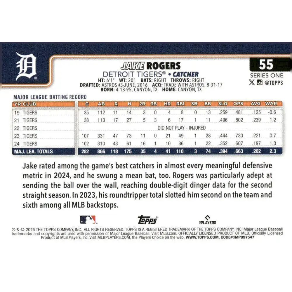 2025 Topps #55 Jake Rogers NM-MT Detroit Tigers Baseball Card - Baseball Card Single