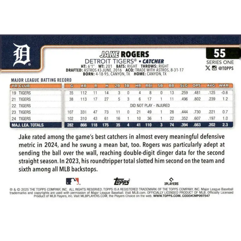 2025 Topps #55 Jake Rogers NM-MT Detroit Tigers Baseball Card - Baseball Card Single