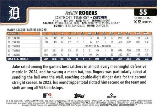 2025 Topps #55 Jake Rogers NM-MT Tigers - Baseball Card Single