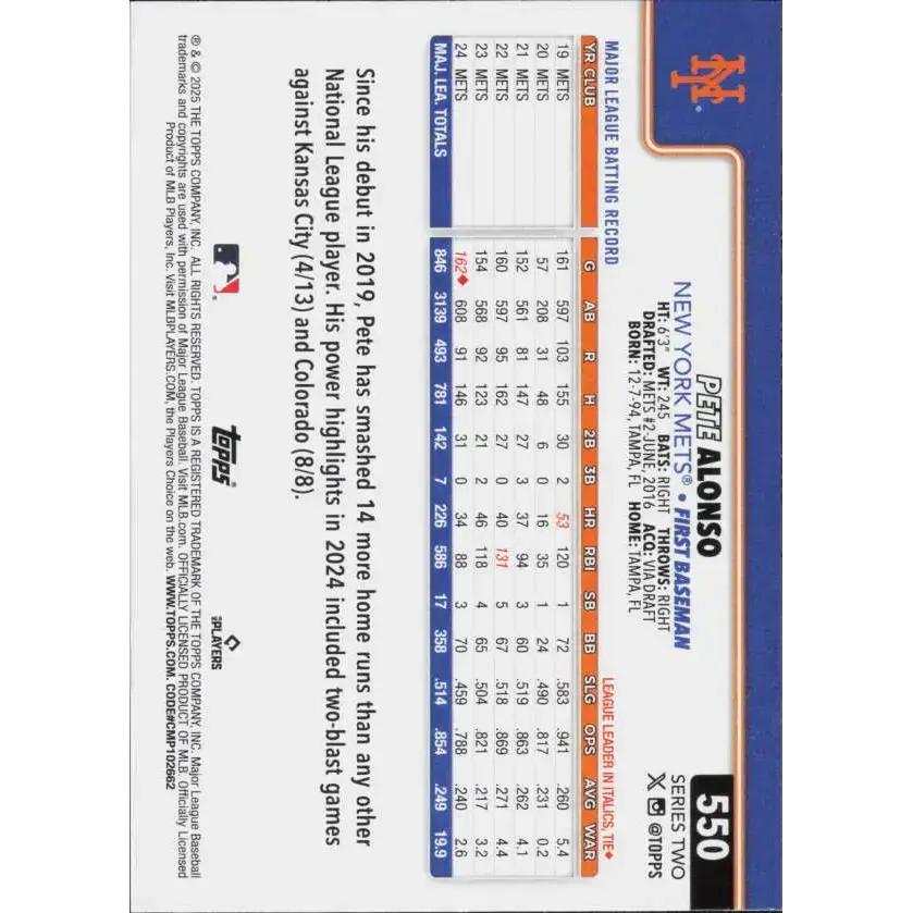 2025 Topps #550 Pete Alonso NM-MT New York Mets Baseball Card - Baseball Card Single