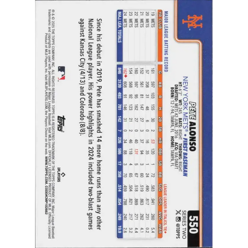 2025 Topps #550 Pete Alonso NM-MT New York Mets Baseball Card - Baseball Card Single