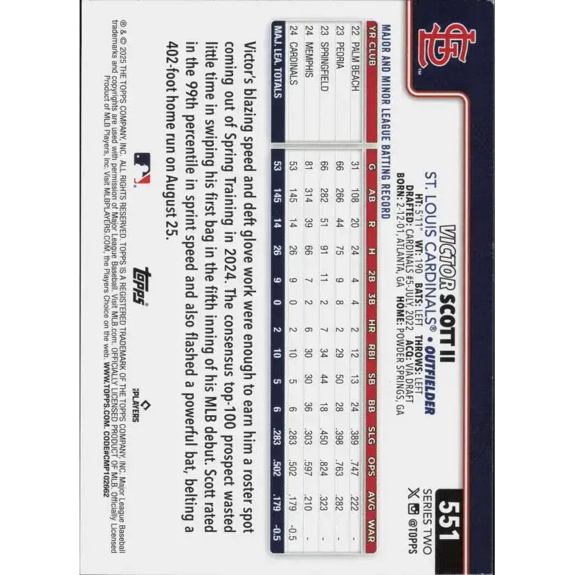 2025 Topps #551 Victor Scott II NM-MT St. Louis Cardinals Baseball Card - Baseball Card Single