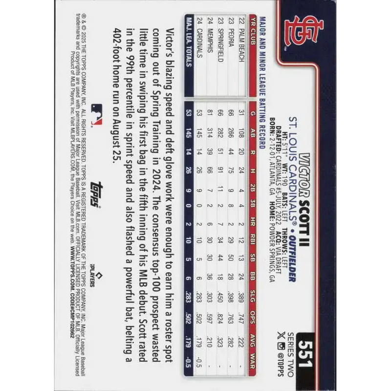 2025 Topps #551 Victor Scott II NM-MT St. Louis Cardinals Baseball Card - Baseball Card Single