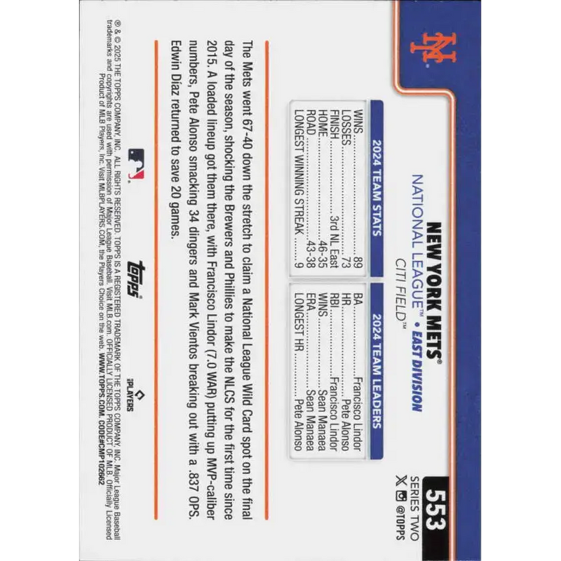 2025 Topps #553 New York Mets NM-MT New York Mets Baseball Card - Baseball Card Single