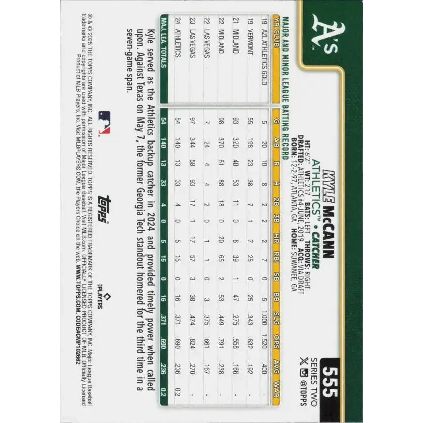 2025 Topps #555 Kyle McCann NM-MT Athletics Baseball Card