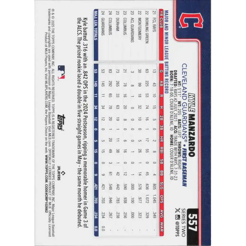 2025 Topps #557 Kyle Manzardo NM-MT Cleveland Guardians Baseball Card - Baseball Card Single