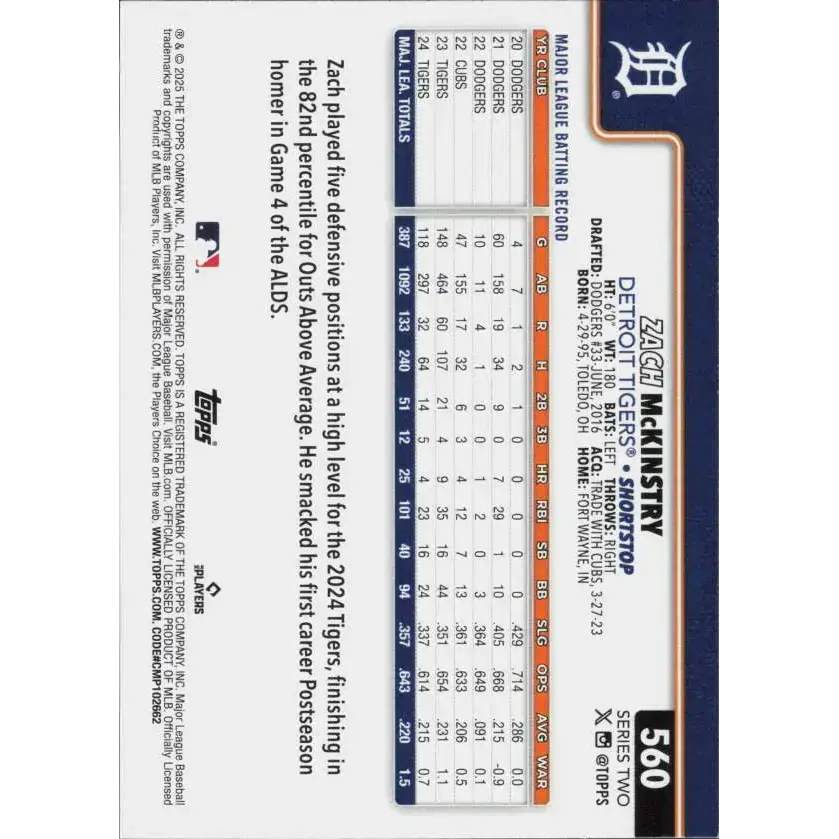 2025 Topps #560 Zach McKinstry NM-MT Detroit Tigers Baseball Card - Baseball Card Single