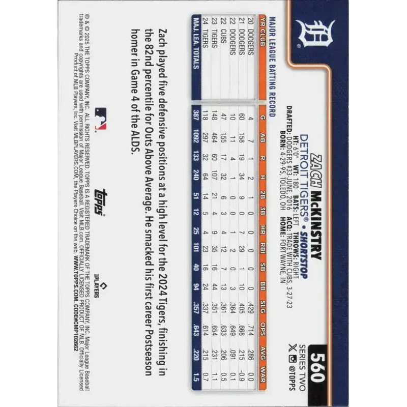 2025 Topps #560 Zach McKinstry NM-MT Detroit Tigers Baseball Card - Baseball Card Single