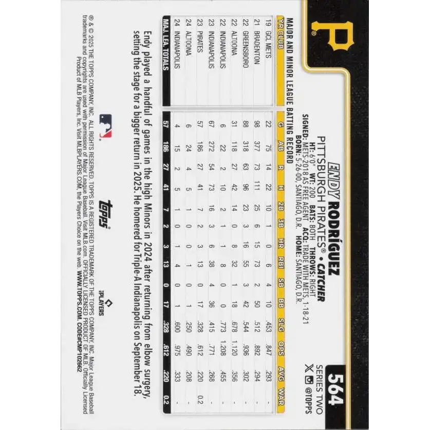 2025 Topps #564 Endy Rodriguez NM-MT Pittsburgh Pirates Baseball Card - Baseball Card Single