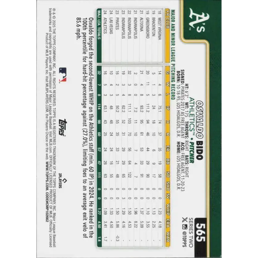 2025 Topps #565 Osvaldo Bido NM-MT Athletics Baseball Card - Baseball Card Single