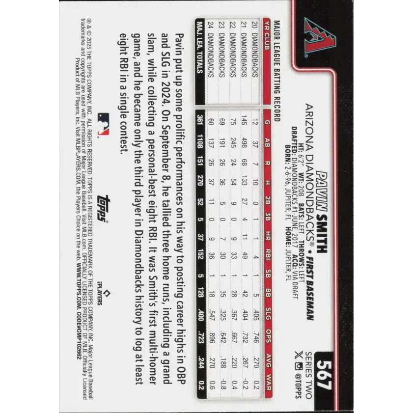 2025 Topps #567 Pavin Smith NM-MT Arizona Diamondbacks Baseball Card - Baseball Card Single