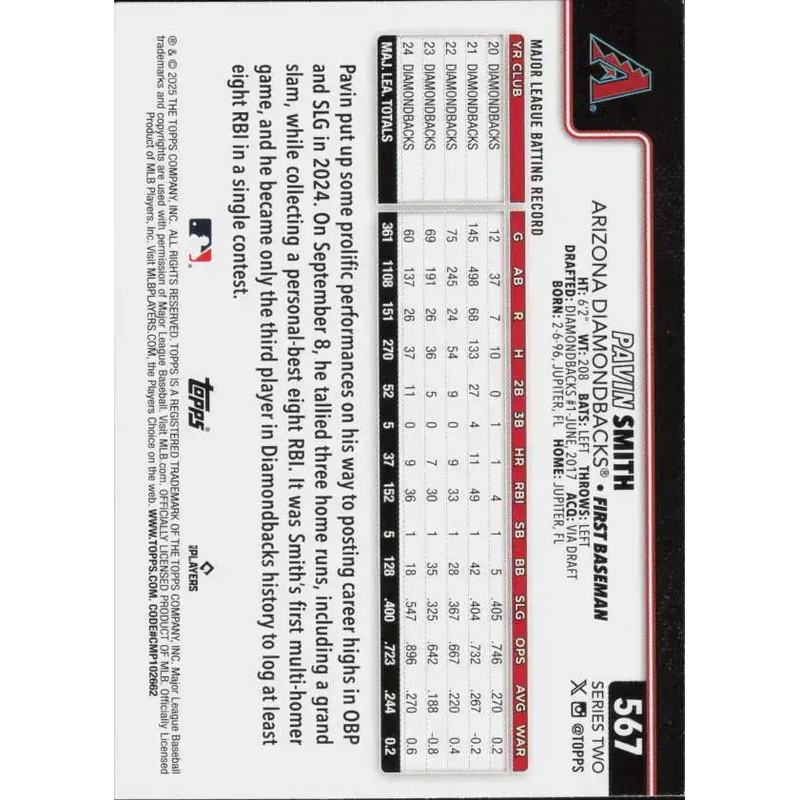 2025 Topps #567 Pavin Smith NM-MT Arizona Diamondbacks Baseball Card - Baseball Card Single