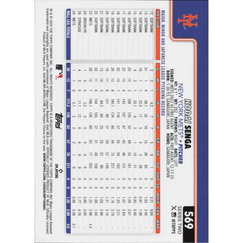 2025 Topps #569 Kodai Senga NM-MT New York Mets Baseball Card - Baseball Card Single