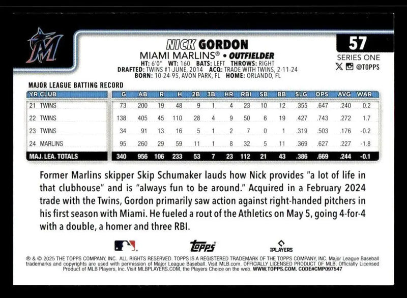 2025 Topps #57 Nick Gordon - Baseball Card Single
