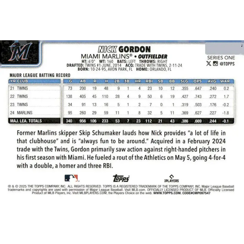 2025 Topps #57 Nick Gordon NM-MT Miami Marlins Baseball Card - Baseball Card Single