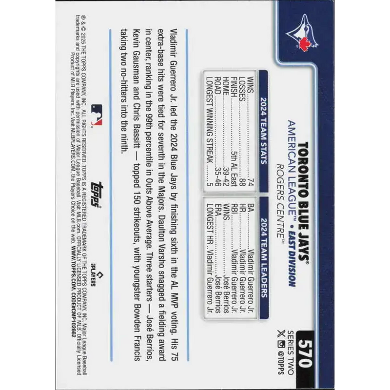 2025 Topps #570 Toronto Blue Jays NM-MT Toronto Blue Jays Baseball Card - Baseball Card Single