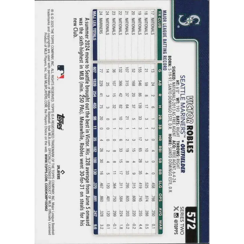 2025 Topps #572 Victor Robles NM-MT Seattle Mariners Baseball Card - Baseball Card Single