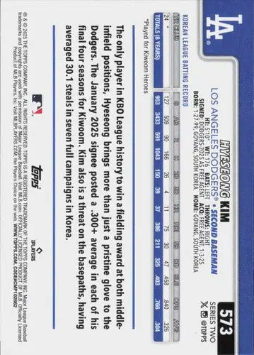 2025 Topps #573 Hyeseong Kim NM-MT RC Rookie Dodgers ID:78434 - Baseball Card Single