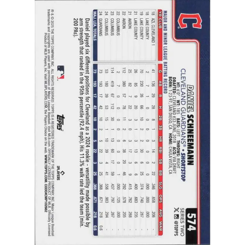 2025 Topps #574 Daniel Schneemann NM-MT RC Rookie Cleveland Guardians Baseball Card - Baseball Card Single