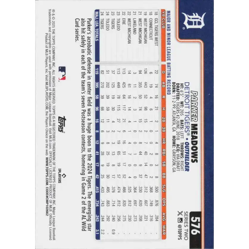 2025 Topps #576 Parker Meadows NM-MT Detroit Tigers Baseball Card - Baseball Card Single