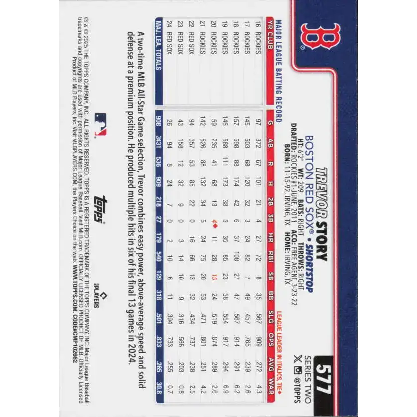 2025 Topps #577 Trevor Story NM-MT Boston Red Sox Baseball Card - Baseball Card Single